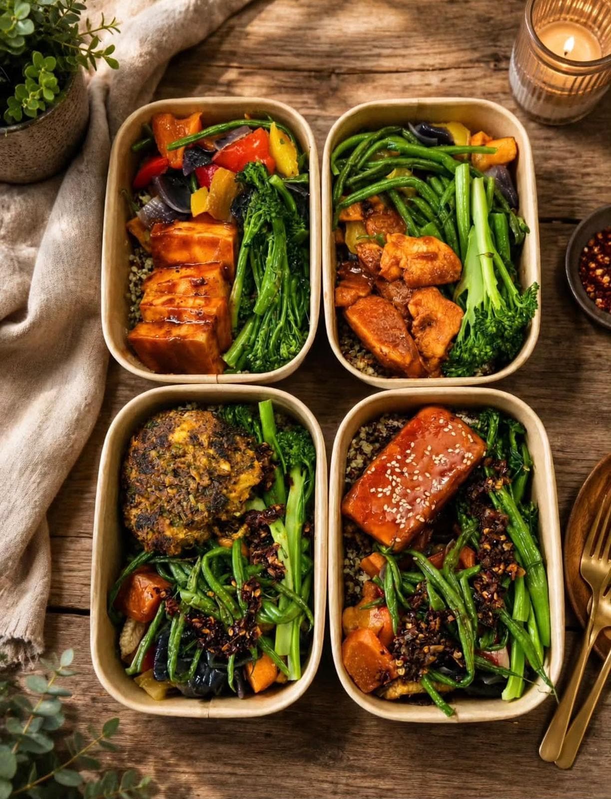 Four Kitchen 48 boxes filled with glazed pieces, green beans, tenderstem broccoli and roasted peppers on a bed of grains
